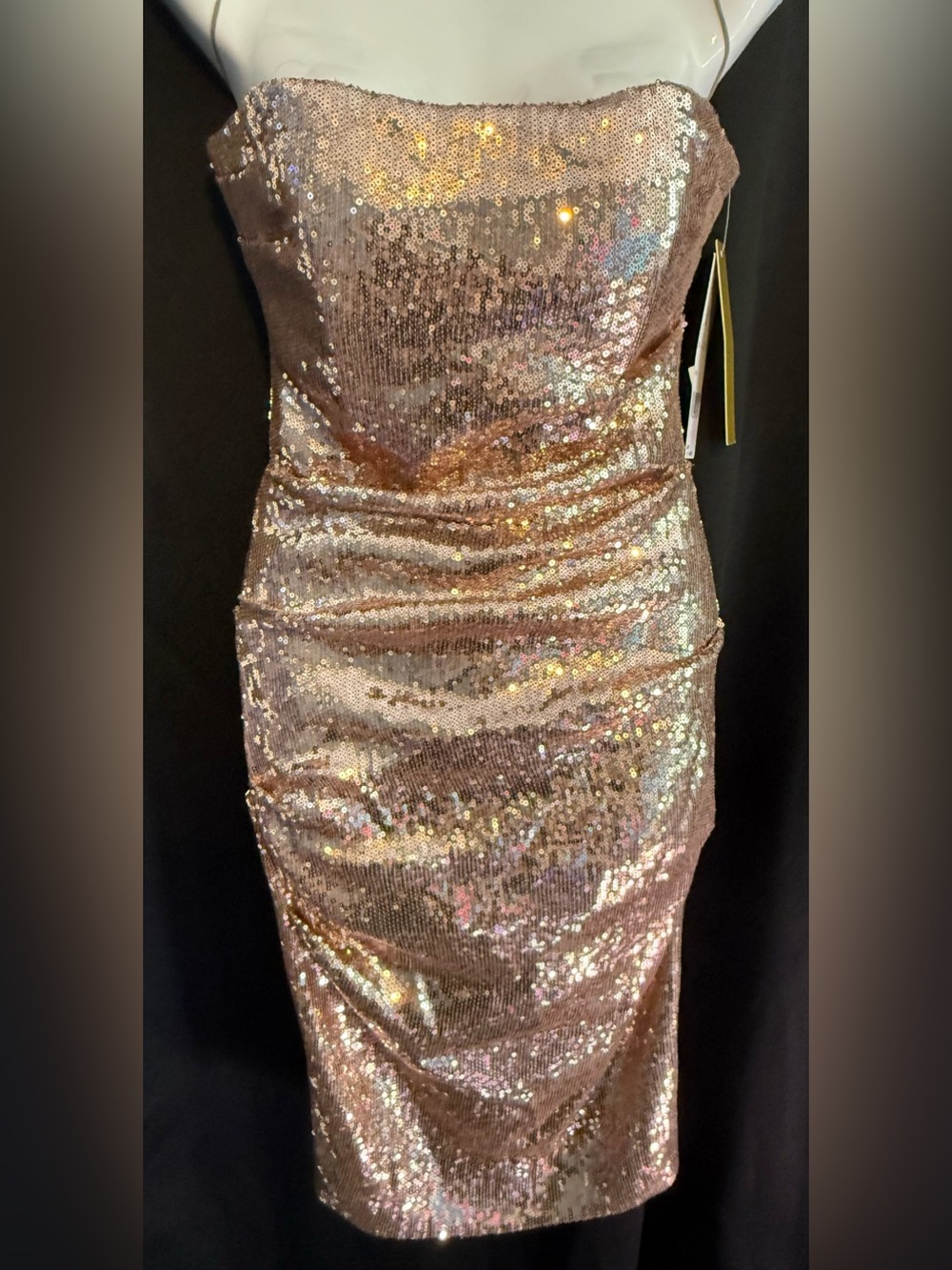 NWT Nicole Miller Rose Gold Sequin Strapless Ruched Cocktail Dress Size 2